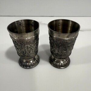 VTG Lot of 2 SKS Zinn 95% Pewter Shot Cup Trinket Hunting Farm Scene Germany